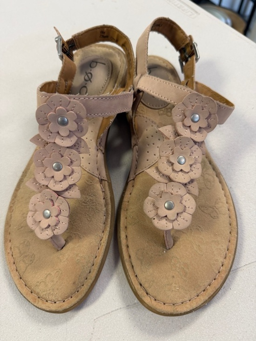Pink Floral Leather T-Strap Sandals